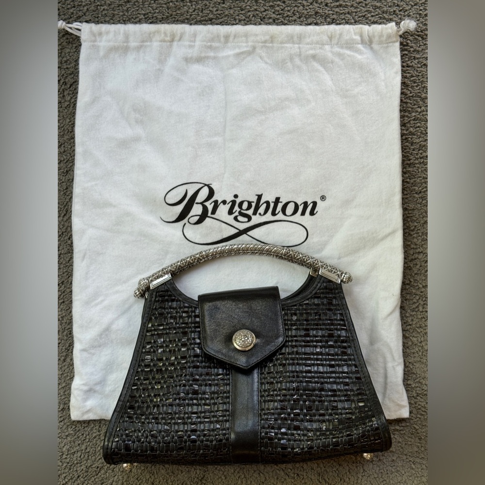 Vintage Brighton Black Woven Leather Satchel W/Dust Bag! Magnet Close. So Clean!